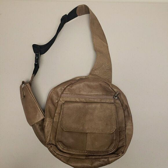 Genuine Leather Crossbody Sling Backpack Unisex Brown Multi Pocket - Picture 10 of 13